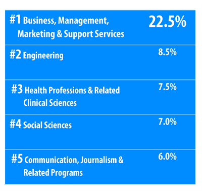 Majors of BTAA Study Abroad students.  Business, Engineering, and Health Professions are top 3 majors.